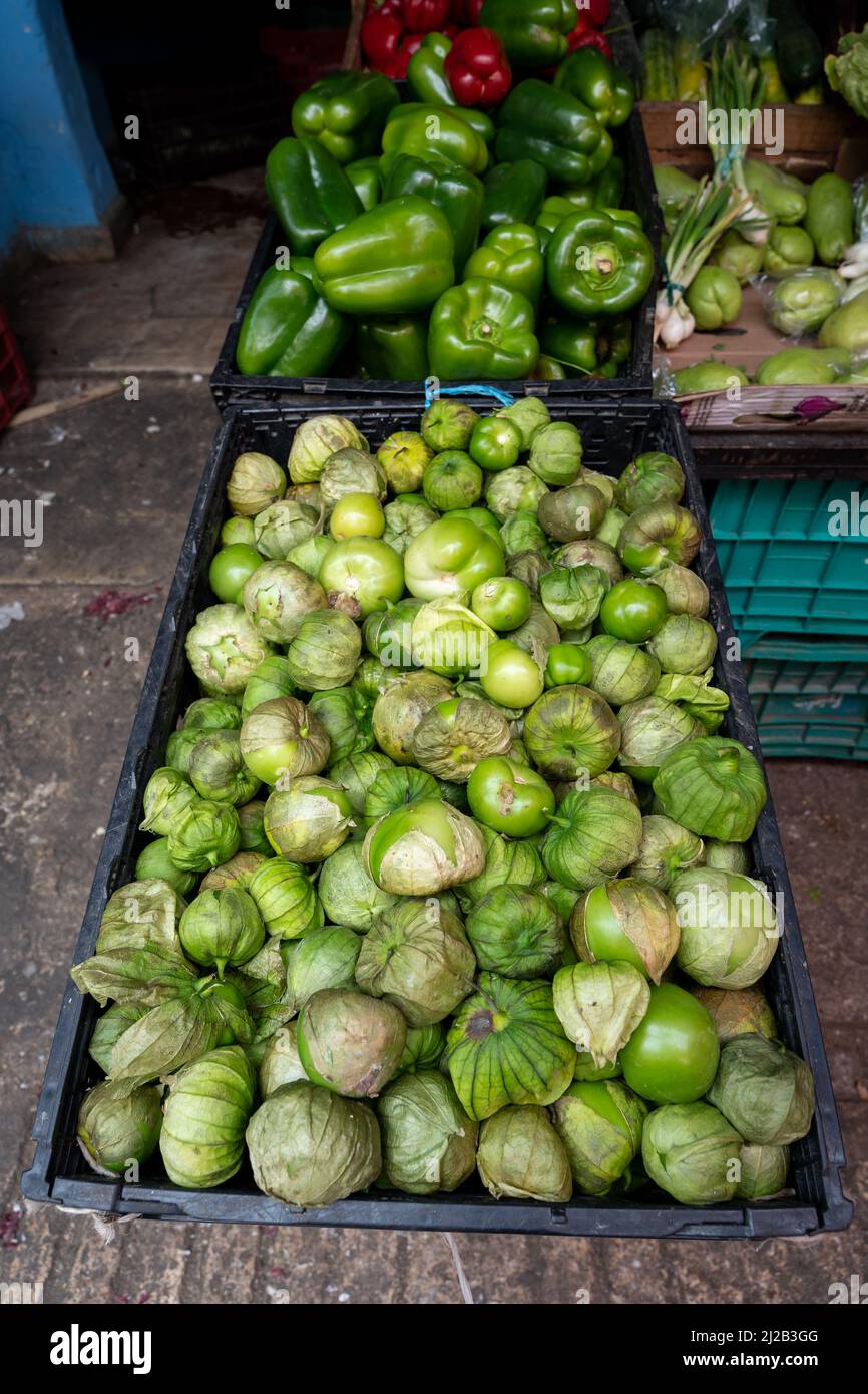 Fresh green tomatoes or tomatillo on display at a market in Mexico ...