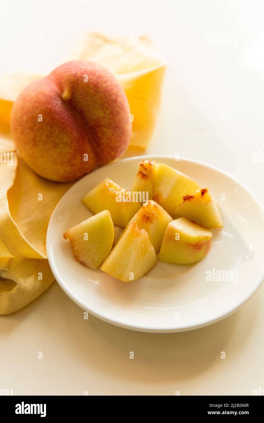 Peach Slices Still Life Stock Photo Alamy