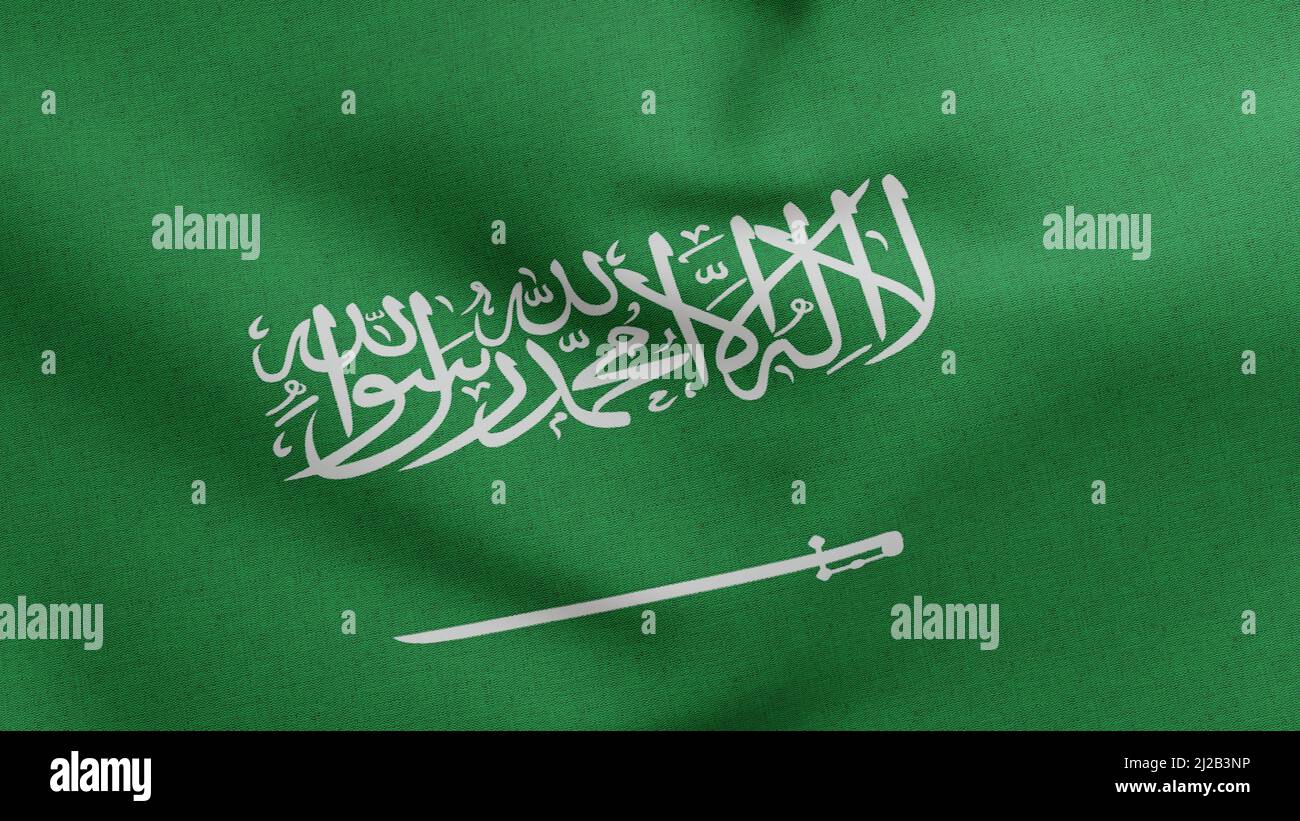 National flag of Saudi Arabia waving 3D Render, Kingdom of Saudi Arabia flag textile KSA, coat of arms Saudi Arabia independence day, Arabic Stock Photo