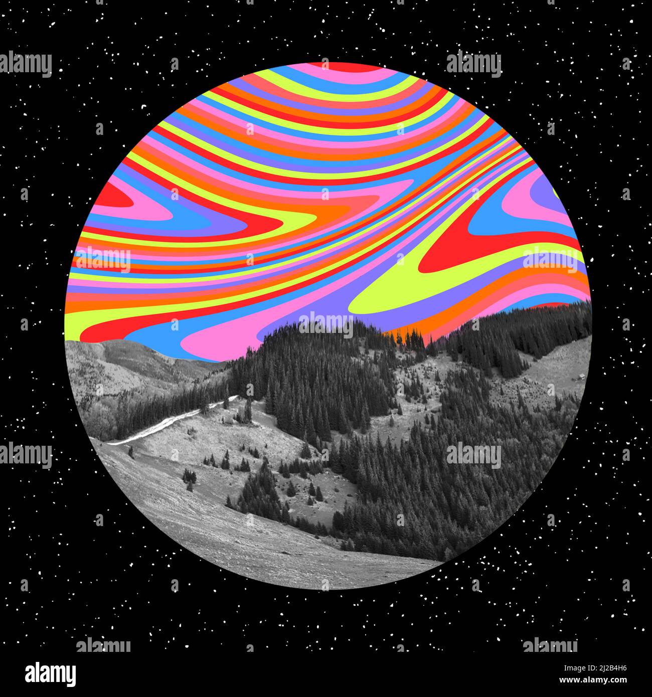 Contemporary art collage. Combination of colorful sky and negative