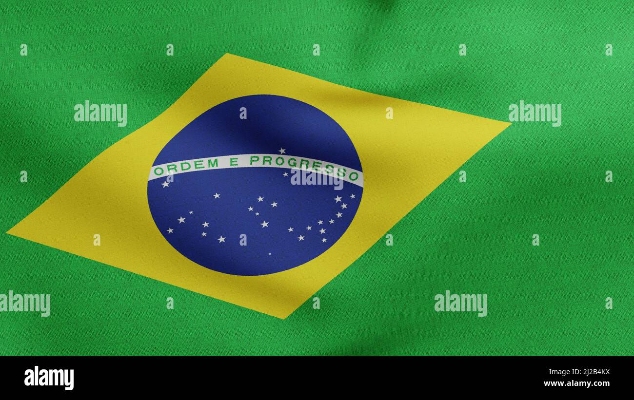 National flag of Brazil waving 3D Render, Brazil flag textile or Bandeira do Brasil, Federative Republic of Brazil, national motto Order and Progress Stock Photo