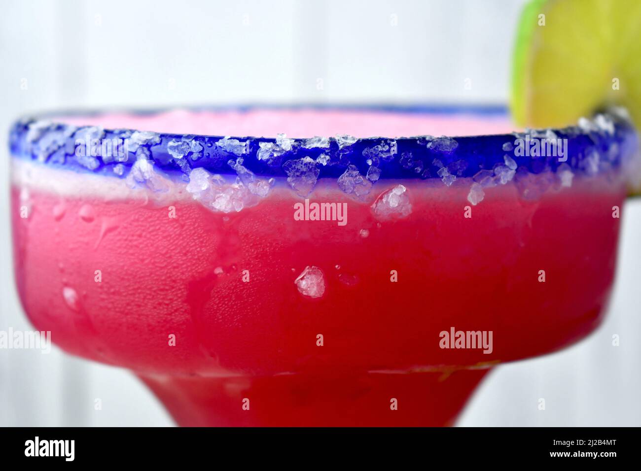 Frozen prickly pear margarita in a salted, blue rimmed glass