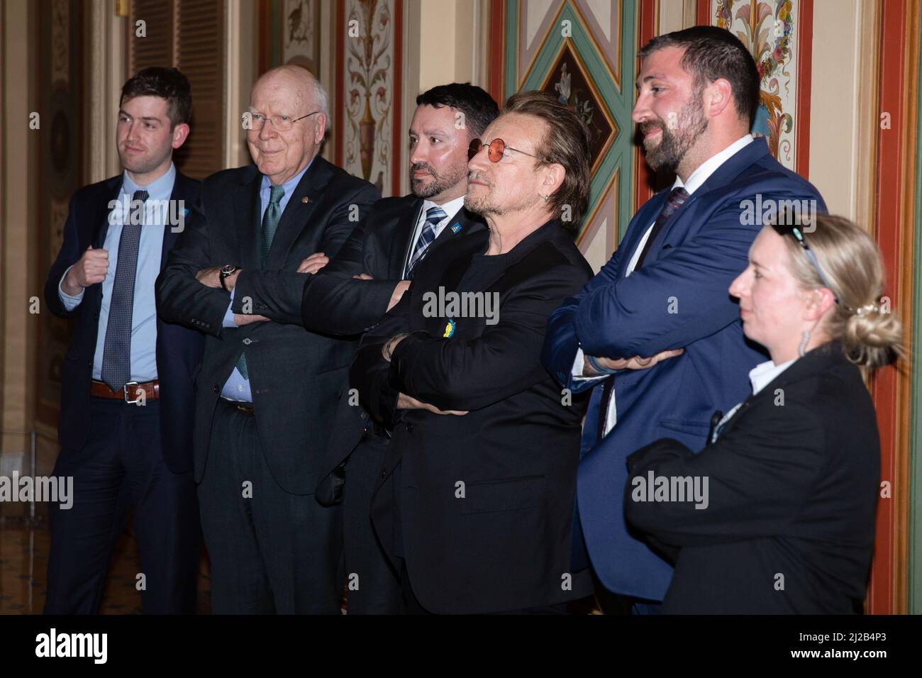 Bono, an Irish singer-songwriter, meets with members of the Capitol Police and United States Senator Patrick Leahy (Democrat of Vermont) during his visit to Capitol Hill on March 30, 2022 in Washington D.C, U.S Credit: Aaron Schwartz / CNP/Sipa USA Stock Photo