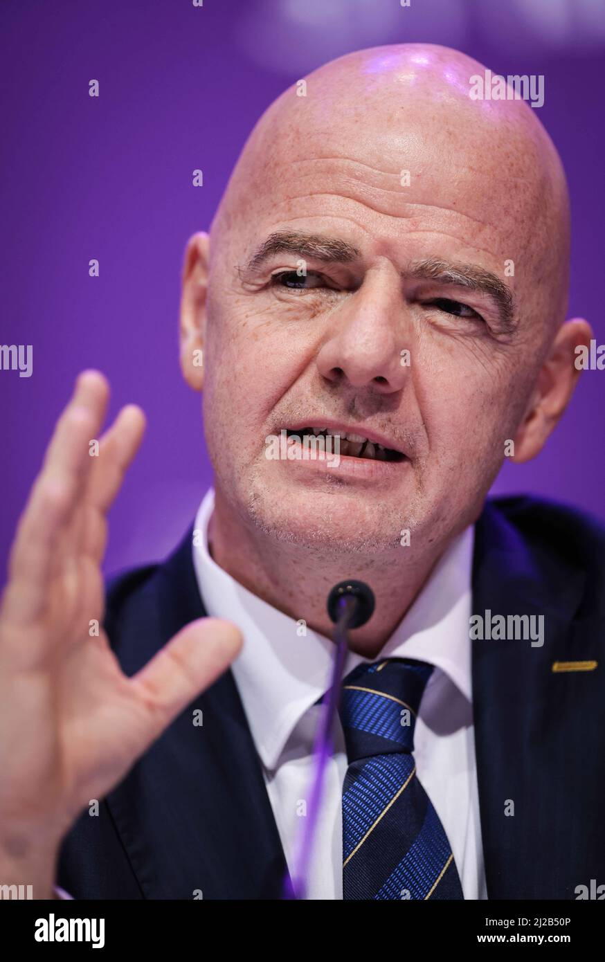Doha, Qatar. 31st Mar, 2022. Soccer: FIFA Congress 2022. Fifa President Gianni Infantino speaks at a press conference after the Fifa Congress at the Doha Exhibition & Convention Center (DECC). Credit: Christian Charisius/dpa/Alamy Live News Stock Photo