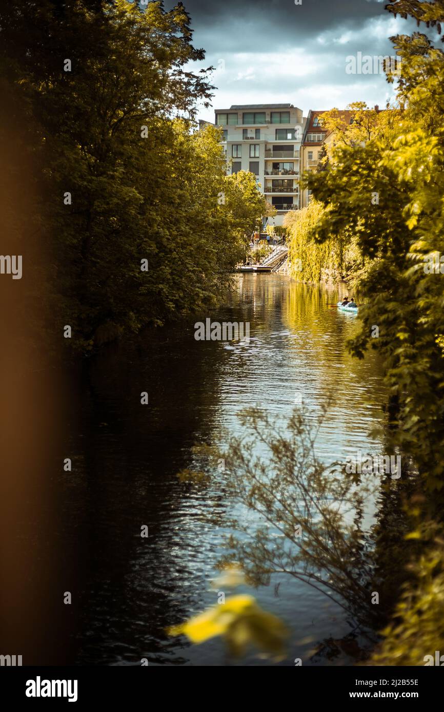 A vertical shot of green trees by river water with buildings on the ...