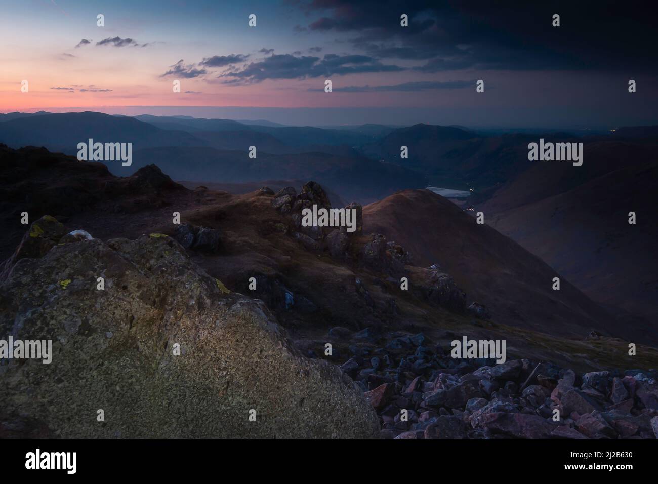 Blue hour on Red Screes in Lake District, Cumbria, UK. Tranquil evening mountain landscape scenery. Stock Photo