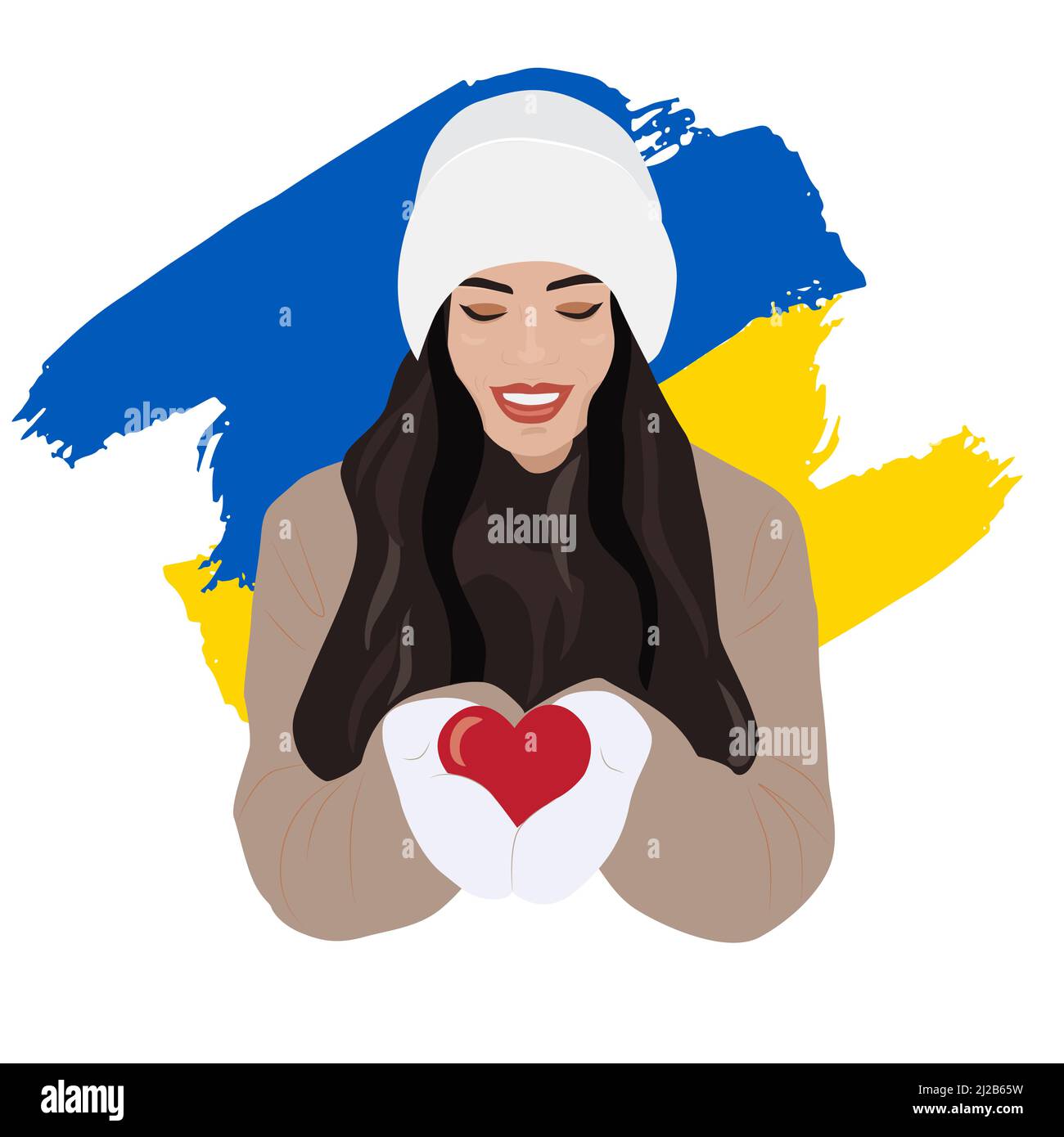 No war in Ukraine vector poster.  Woman and a heart in hands. Concept of Ukrainian and Russian military crisis, conflict between Ukraine and Russia. S Stock Vector