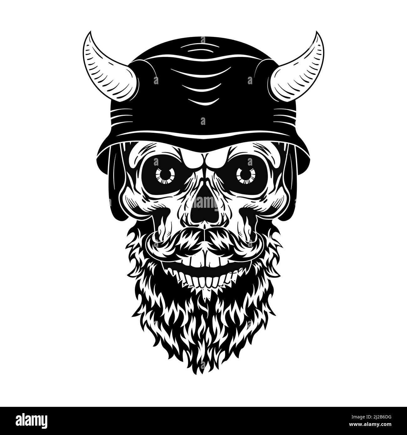 Retro skull in helmet with horns vector illustration. Monochrome dead head with beard. Tattoo design and rebel community concept can be used for retro Stock Vector