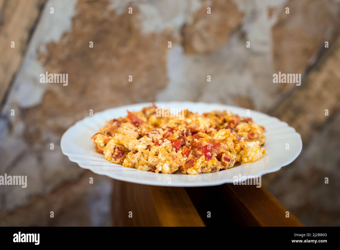 Delicious colorful vegetarian local food mish mash, eggs in a