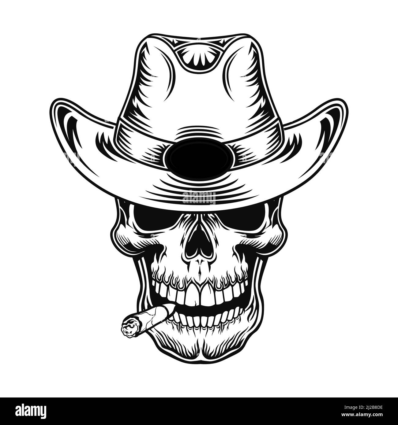 Skull of cowboy vector illustration. Head of character in hat with ...