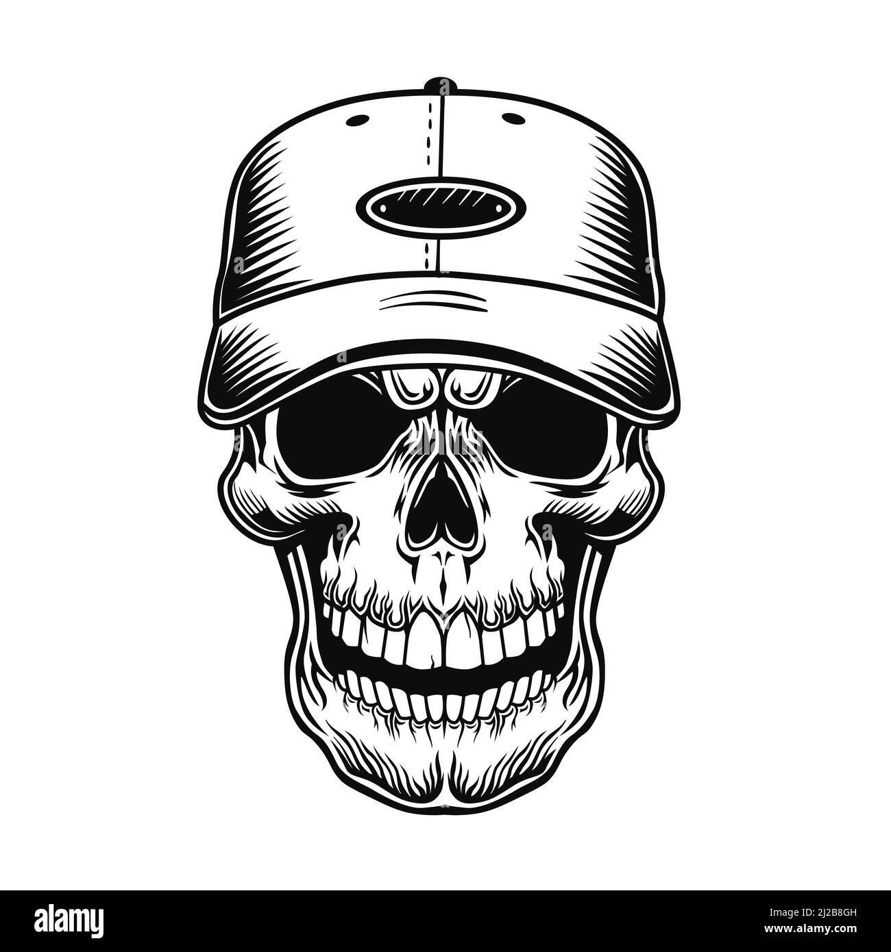 Skull of baseball player vector illustration. Head of character in cap. Headwear concept for sport topic or tattoo template Stock Vector