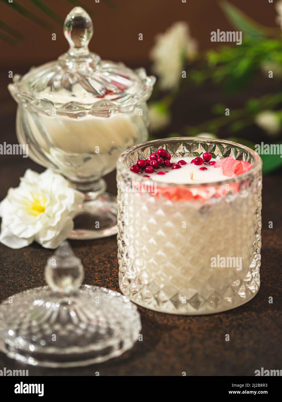 Handmade soy candles of unique design, with different colors, in the ...