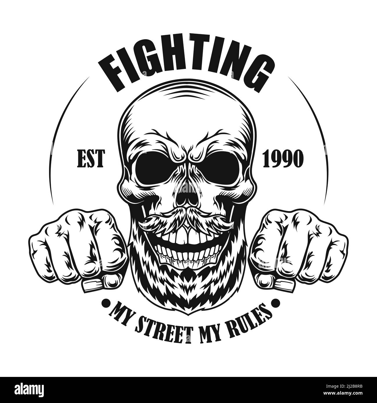 Skull of street fighter vector illustration. Head and fists of cartoon character with text. Lifestyle concept for fight club emblem or gangsta tattoo Stock Vector