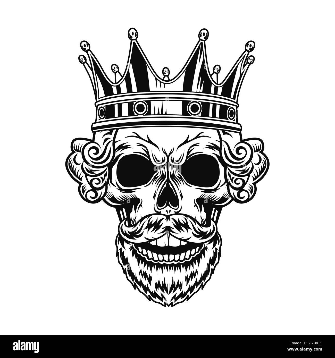 Skull of king vector illustration. Head of character with beard, royal ...