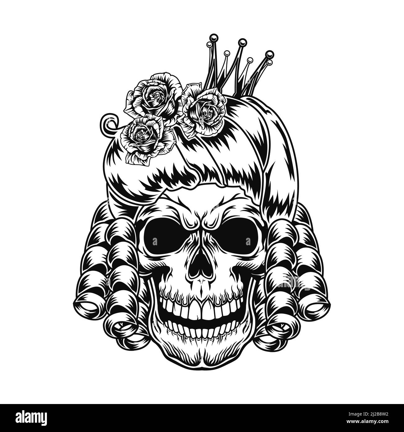Skull of queen vector illustration. Head of scary character with royal hairstyle and crown. Authority concept for monarchy topics or tattoo template Stock Vector