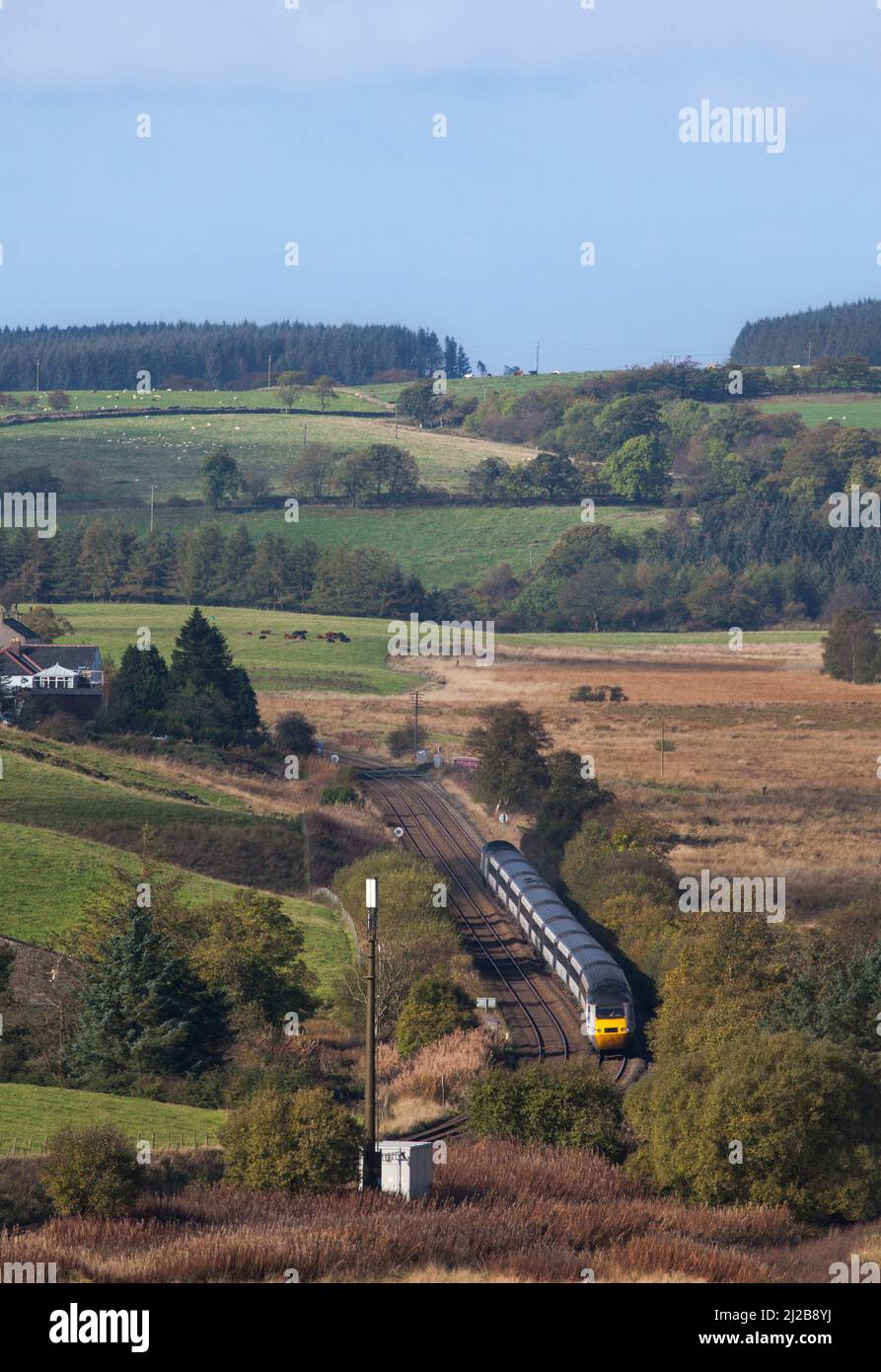 An East Coast Intercity 125 at  Greenhead, on the Tyne valley railway line  with a diverted  train when the east coast franchise was publicly run Stock Photo