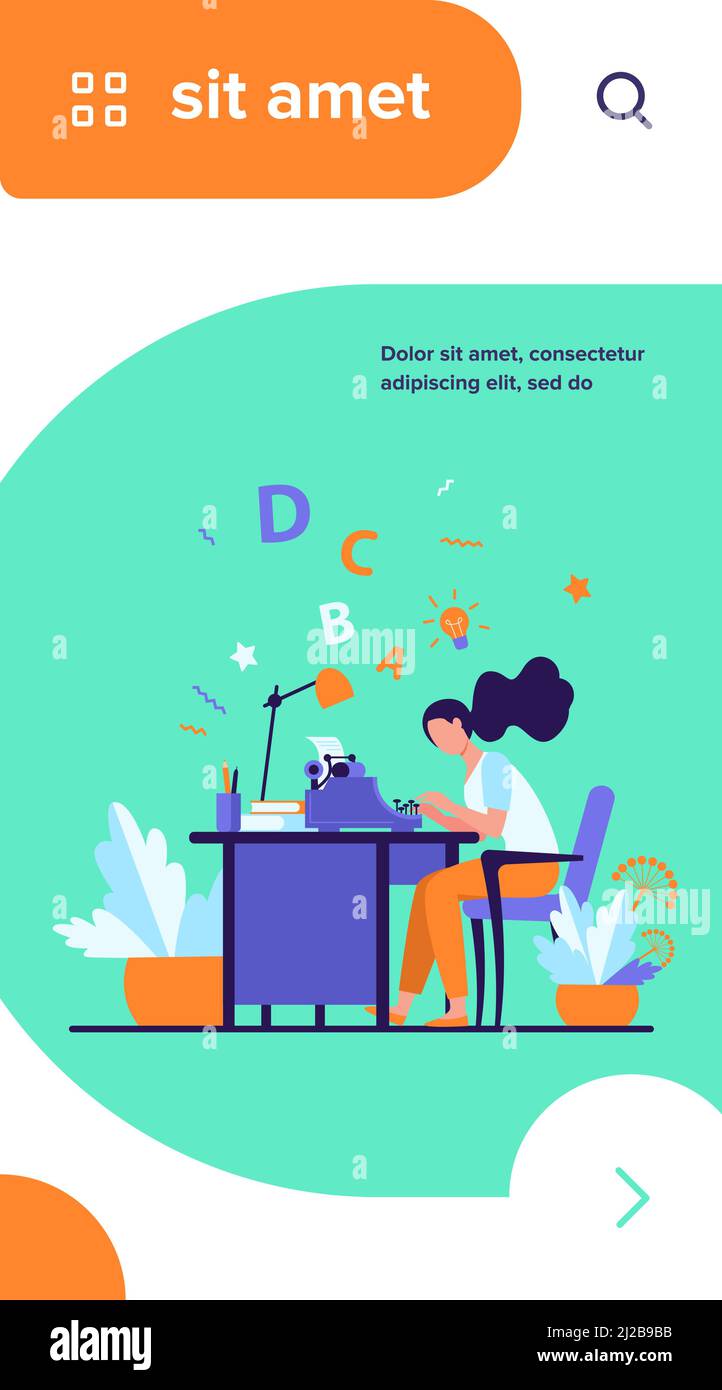 Female writer using retro typing machine. Young woman inspiring with idea, writing creative article at her workplace. Vector illustration for creative Stock Vector