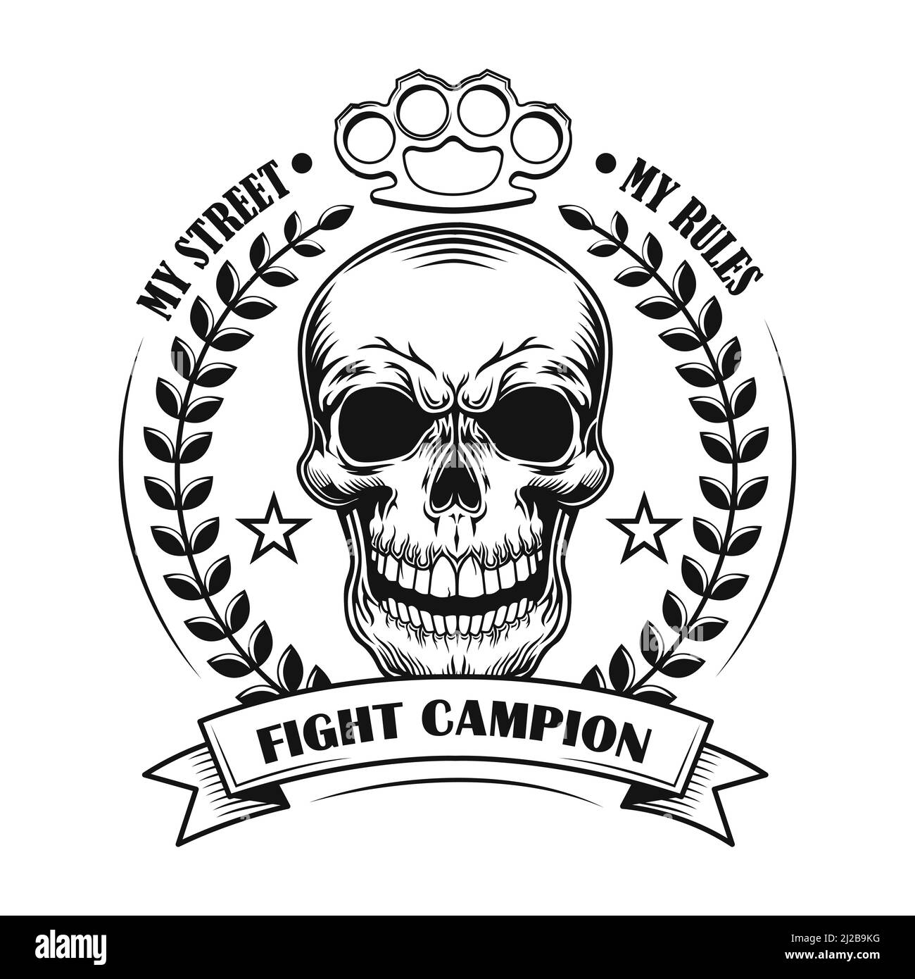 Street fight champion vector illustration. Skull of competition winner with award decoration and text. Fight club concept for community emblems or bad Stock Vector