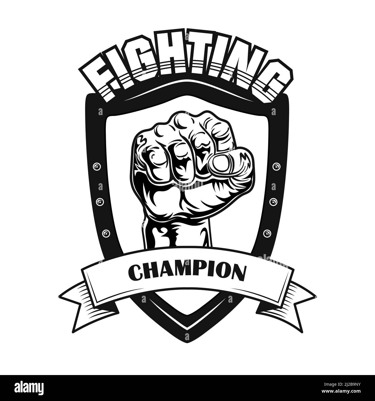 Fighting champion symbol vector illustration. Fists on heraldry ir patch, text on ribbon. Lifestyle concept for fight club emblem or gangsta tattoo te Stock Vector