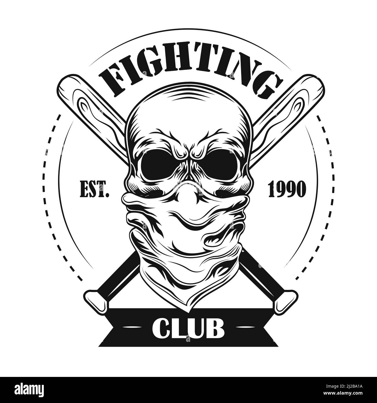 Fighting club member vector illustration. Skull in bandana, crossed baseball bats and text. Fight club concept for community emblems or badges templat Stock Vector