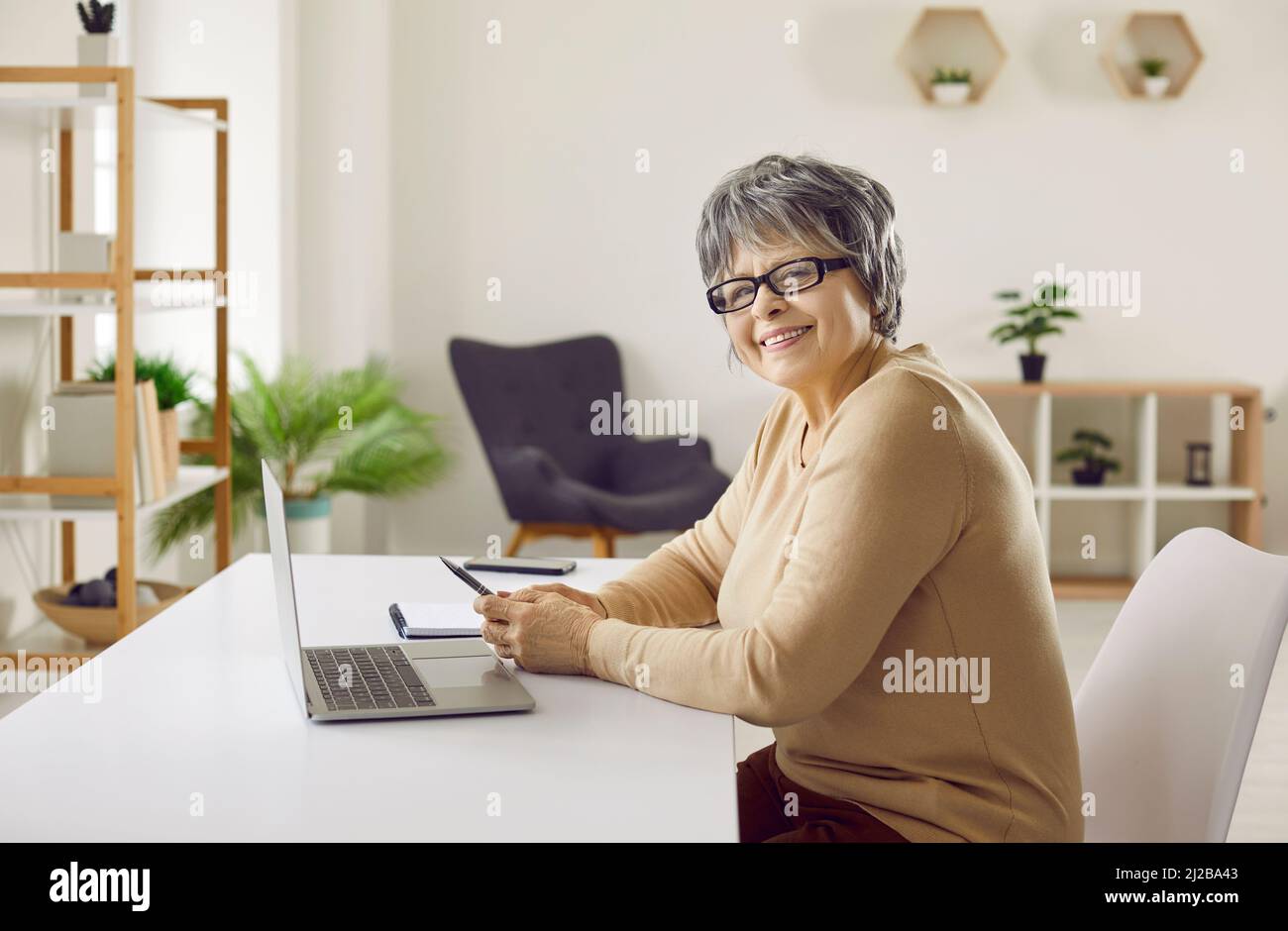 Joyful smiling confident senior woman using laptop computer sitting at workplace desk. Stock Photo