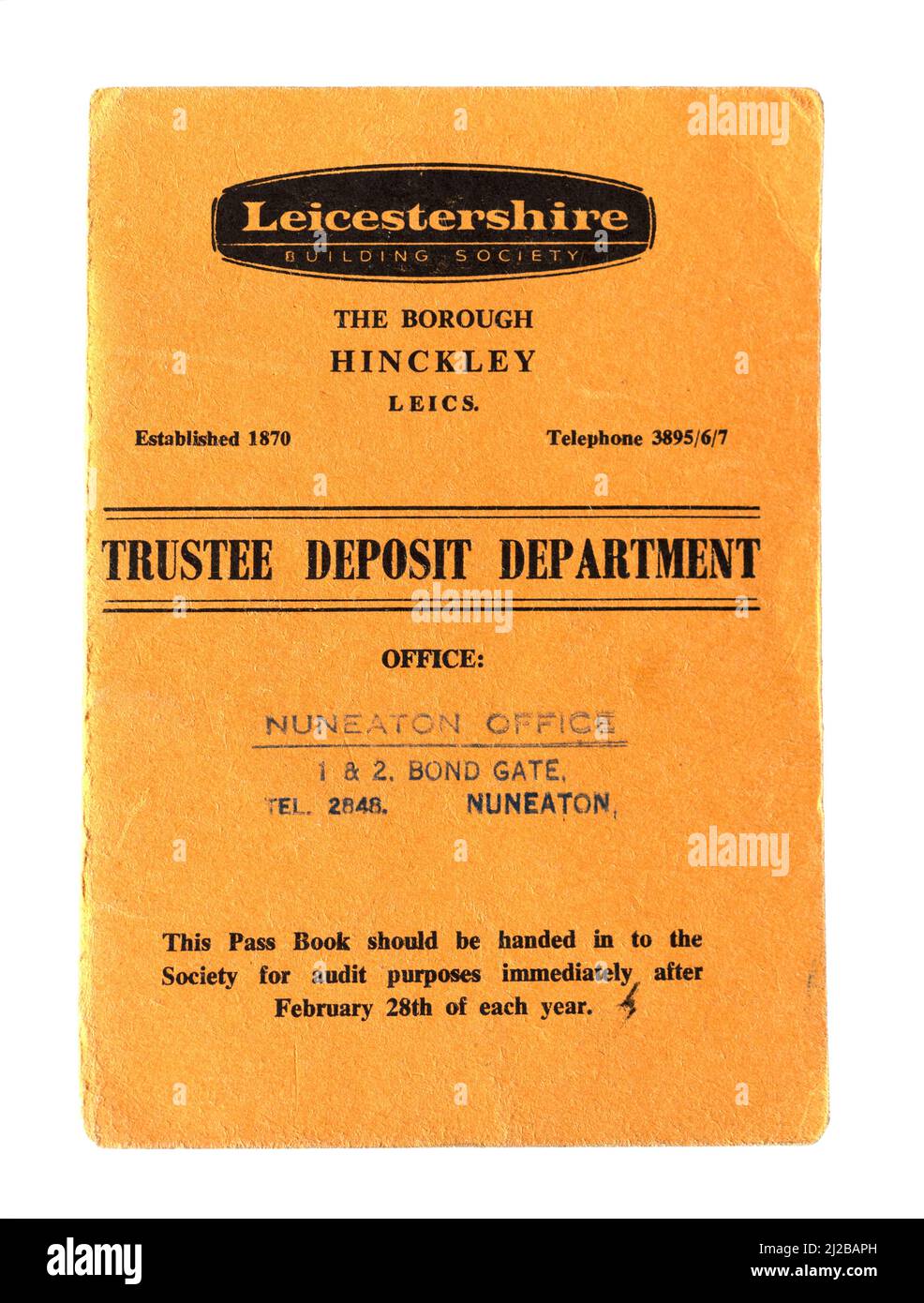 The cover of a savings pass book for an account opened with the Leicestershire Building Society in 1962. Stock Photo