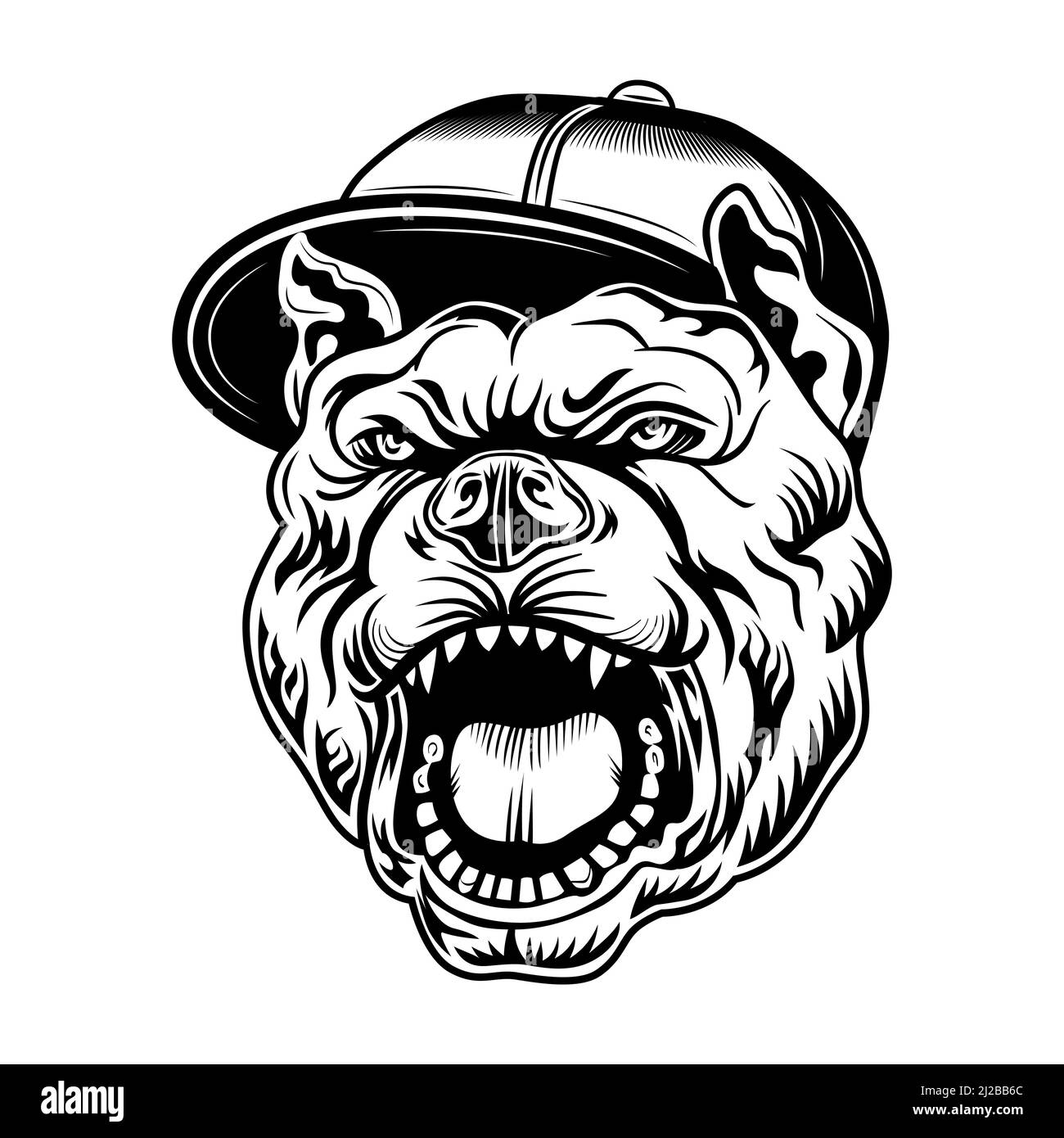 Gangsta bulldog vector illustration. Head of aggressive dog in gangsters cap. Lifestyle concept for tattoo templates, or rap music community emblems Stock Vector