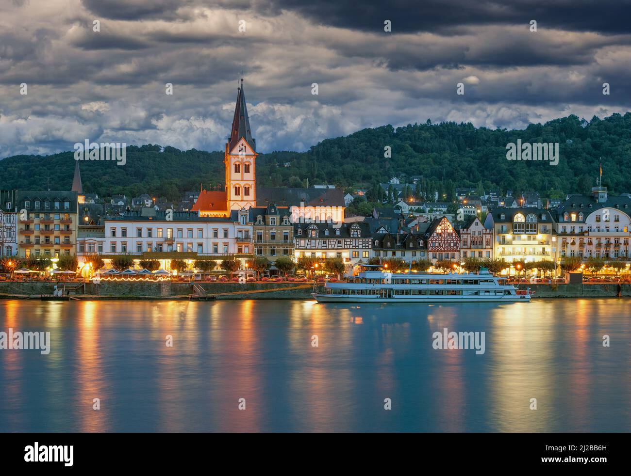 famous Wine Village of Boppard at Night,Rhine River,Germany Stock Photo