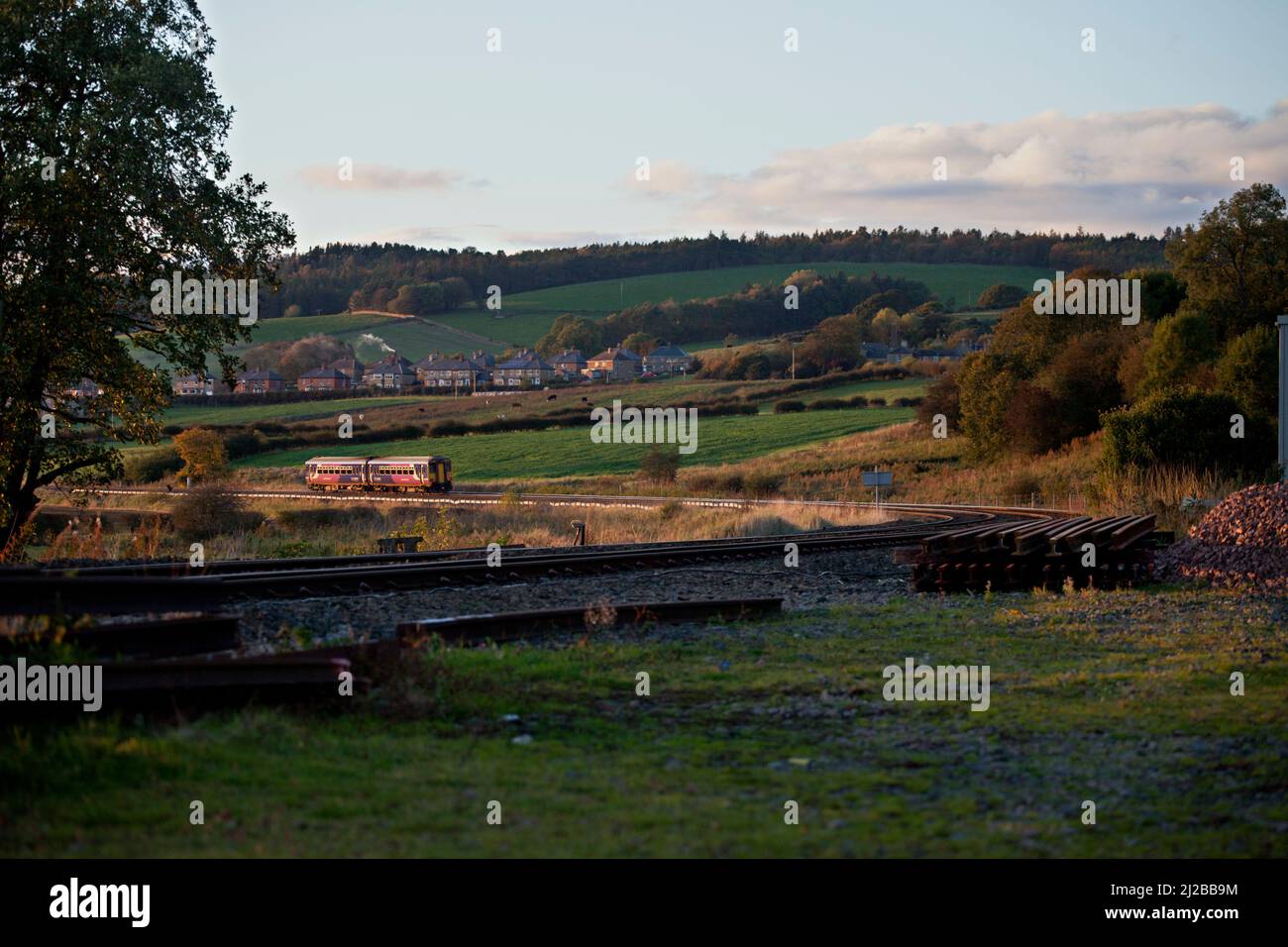 Northern Rail class 156 sprinter train passing through the countryside on the scenic Tyne valley railway line passing High Warden Stock Photo
