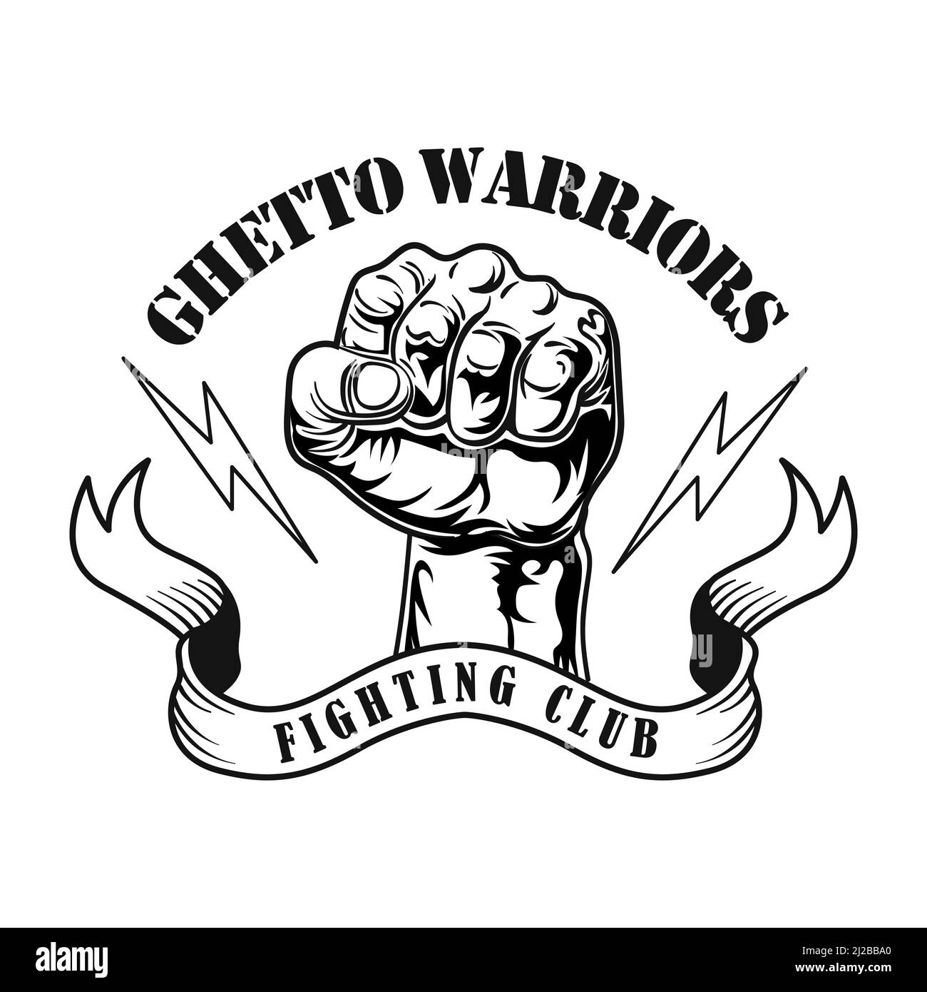 Ghetto warriors symbol vector illustration. Male fist with lightning, text on ribbon. Lifestyle concept for fight club emblem or gangsta tattoo templa Stock Vector
