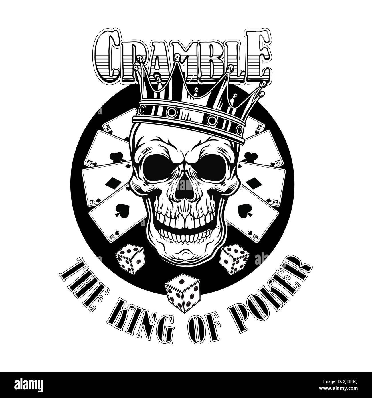 Gangster casino skull. Vintage logotype, sticker, print with playing cards, crown, top hat, dice. Vector illustration for poker club labels, gambling Stock Vector
