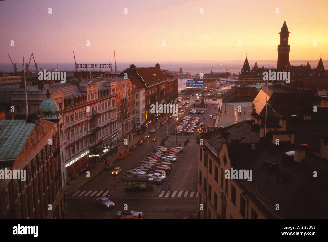 From Terrasstrapporna (Terrace Stairs) looking down to Stortorget, the harbour and the Øresund Strait, Helsingborg, Scania, Sweden, Sept/Oct 1979 Stock Photo