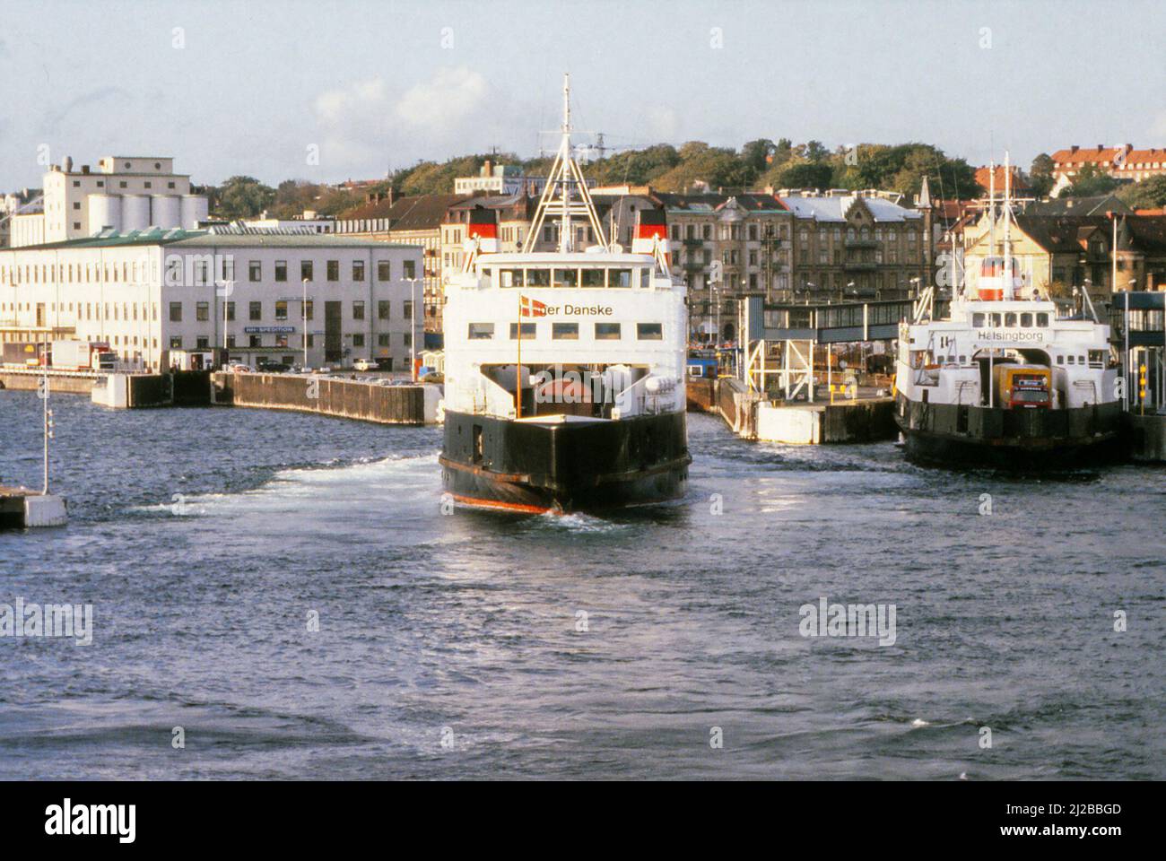 Øresund Strait Ferries to/from Helsingør, Denmark at Helsingborg, Scania, Sweden. A rail ferry and a vehicle one. Sept/Oct 1979 Stock Photo