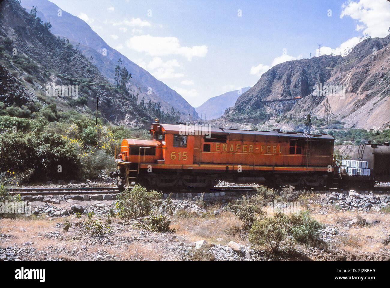 Enafer-Peru locomotive in the Peruvian Andes, May 1980 Stock Photo
