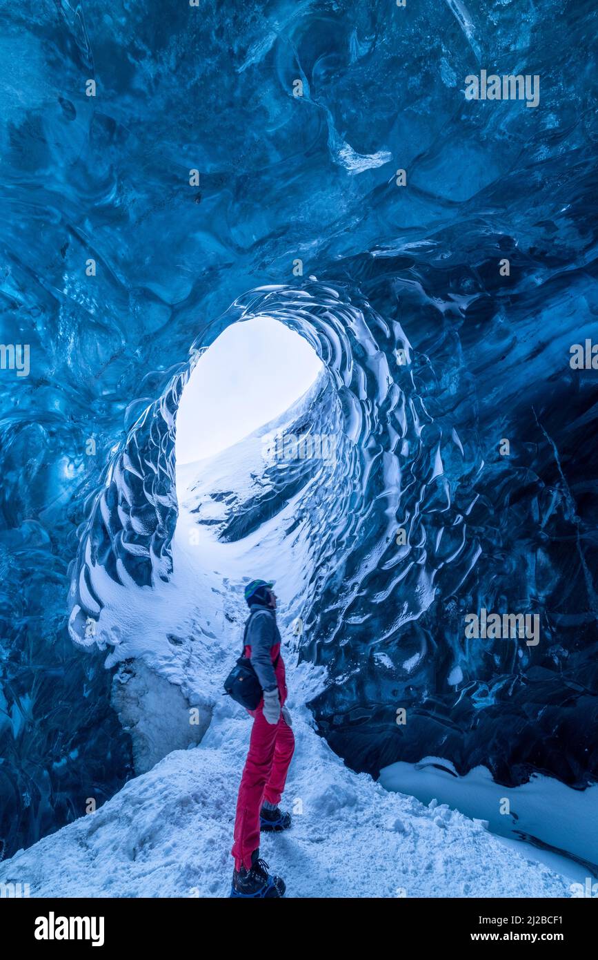 Ice cave, Breidamerkurjokull, an outlet glacier of Vatnajokull, Eastern Iceland. Stock Photo