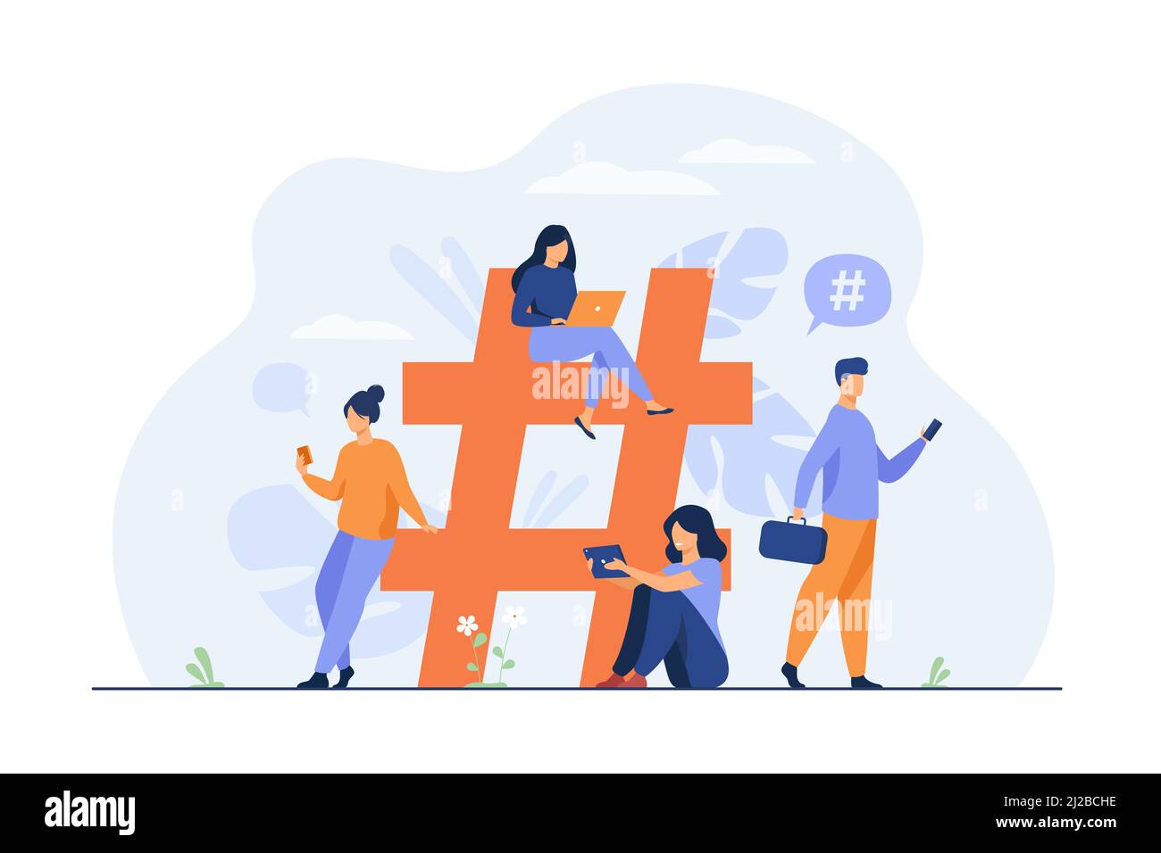 Tiny people near hashtag for social media flat vector illustration ...