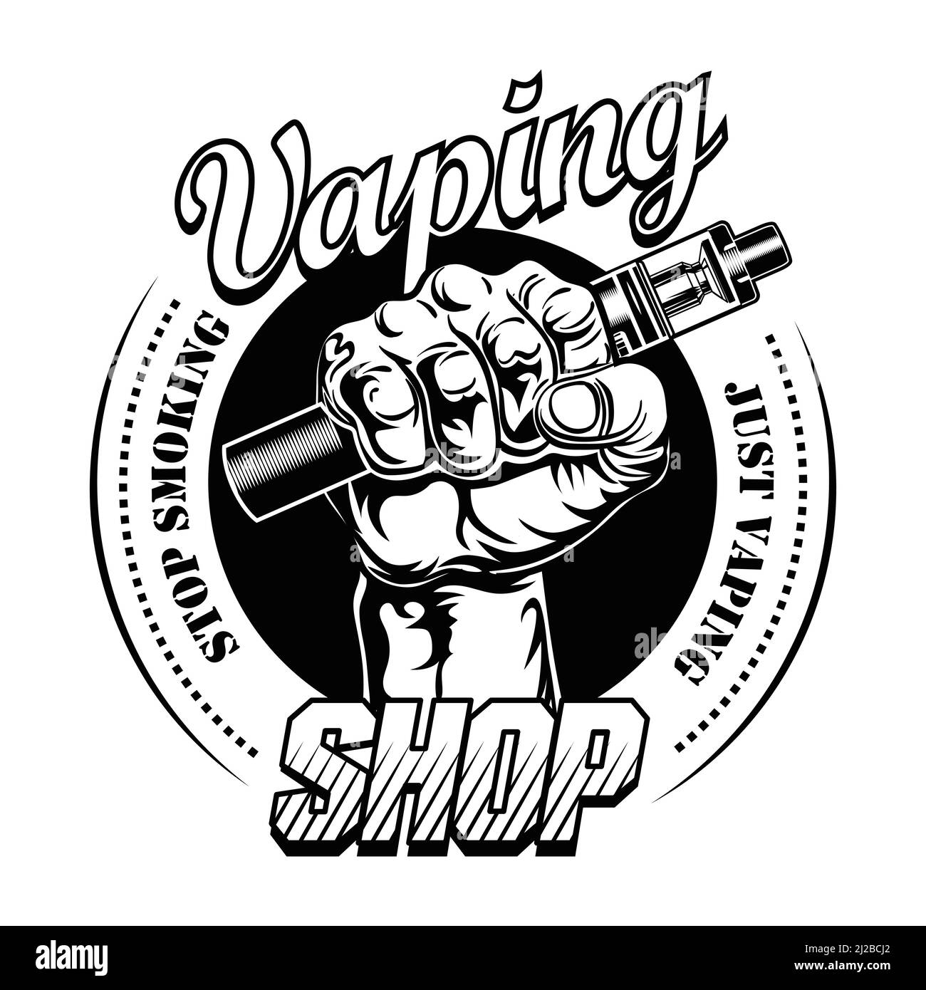 Hand pf vaper vector illustration. Male hand holding electronic cigarette, stop smoking text, stamp. Retail concept for vape bar or store label, poste Stock Vector