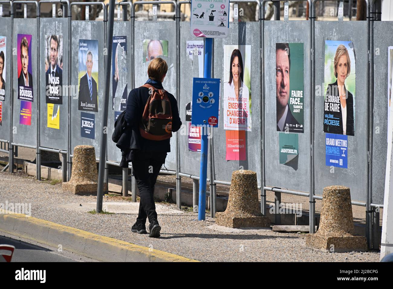 Posters for Presidential candidates are seen in Cannes, France on March 31, 2022. (Photo by Lionel Urman/Sipa USA) Stock Photo