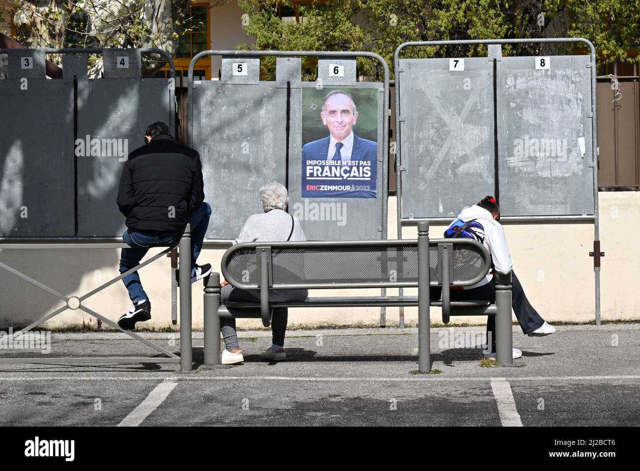 Posters for Presidential candidates are seen in Cannes, France on March 31, 2022. (Photo by Lionel Urman/Sipa USA) Stock Photo