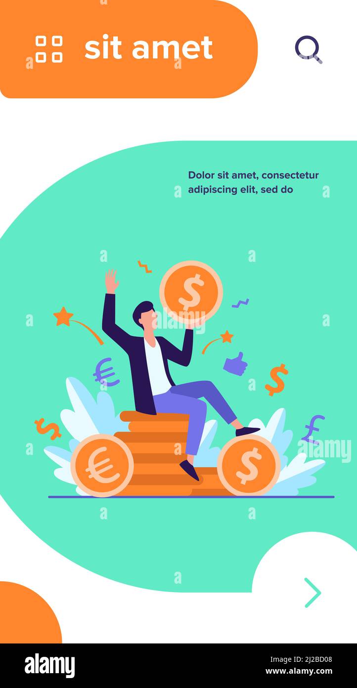 Happy businessman earning money flat vector illustration. Cartoon millionaire or banker holding huge coin. Finance growth and market concept Stock Vector