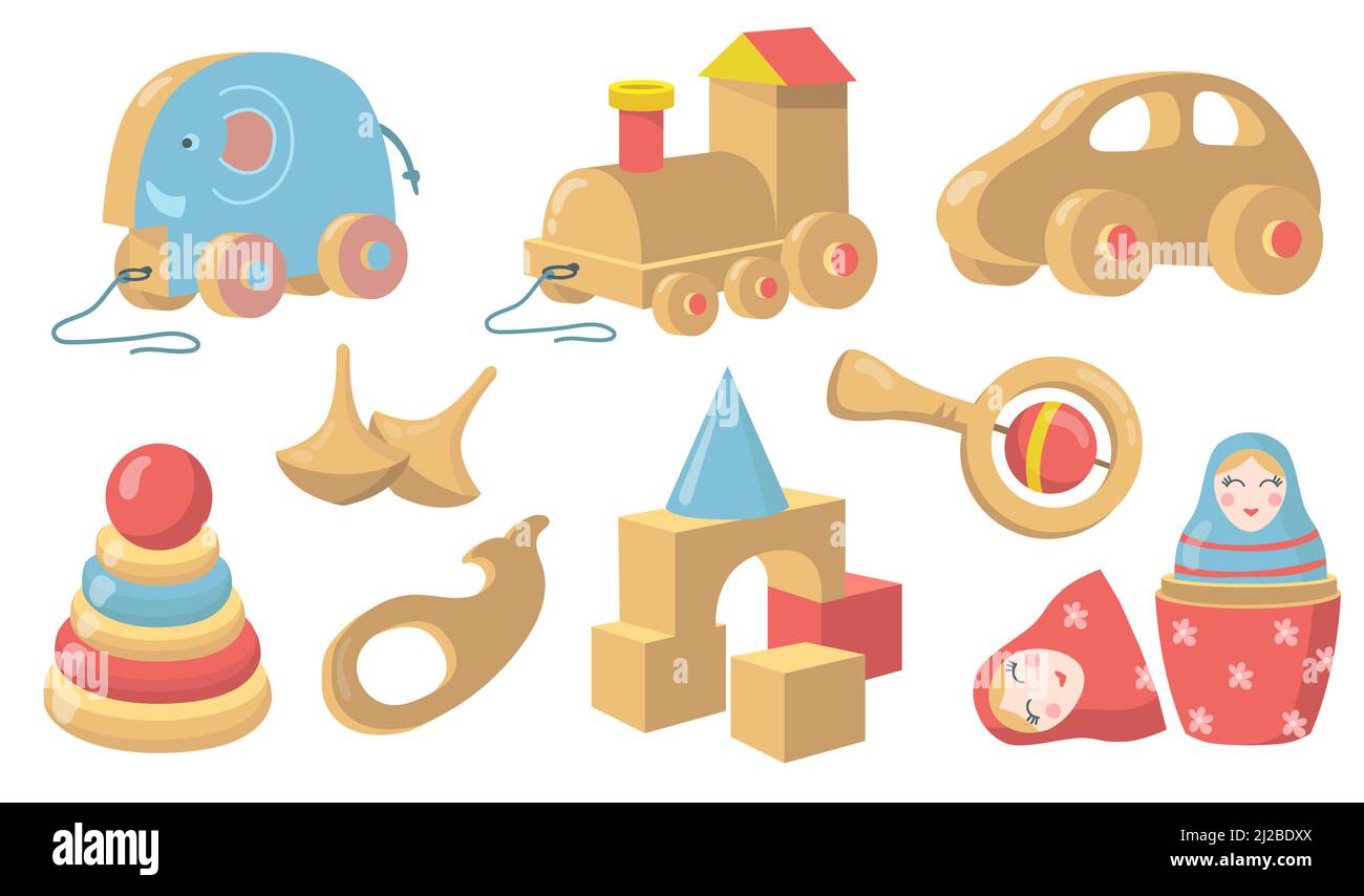 Vintage wooden toys flat item set. Cartoon old style car, cubes, rattle and devices made of wood isolated vector illustration collection. Childhood an Stock Vector