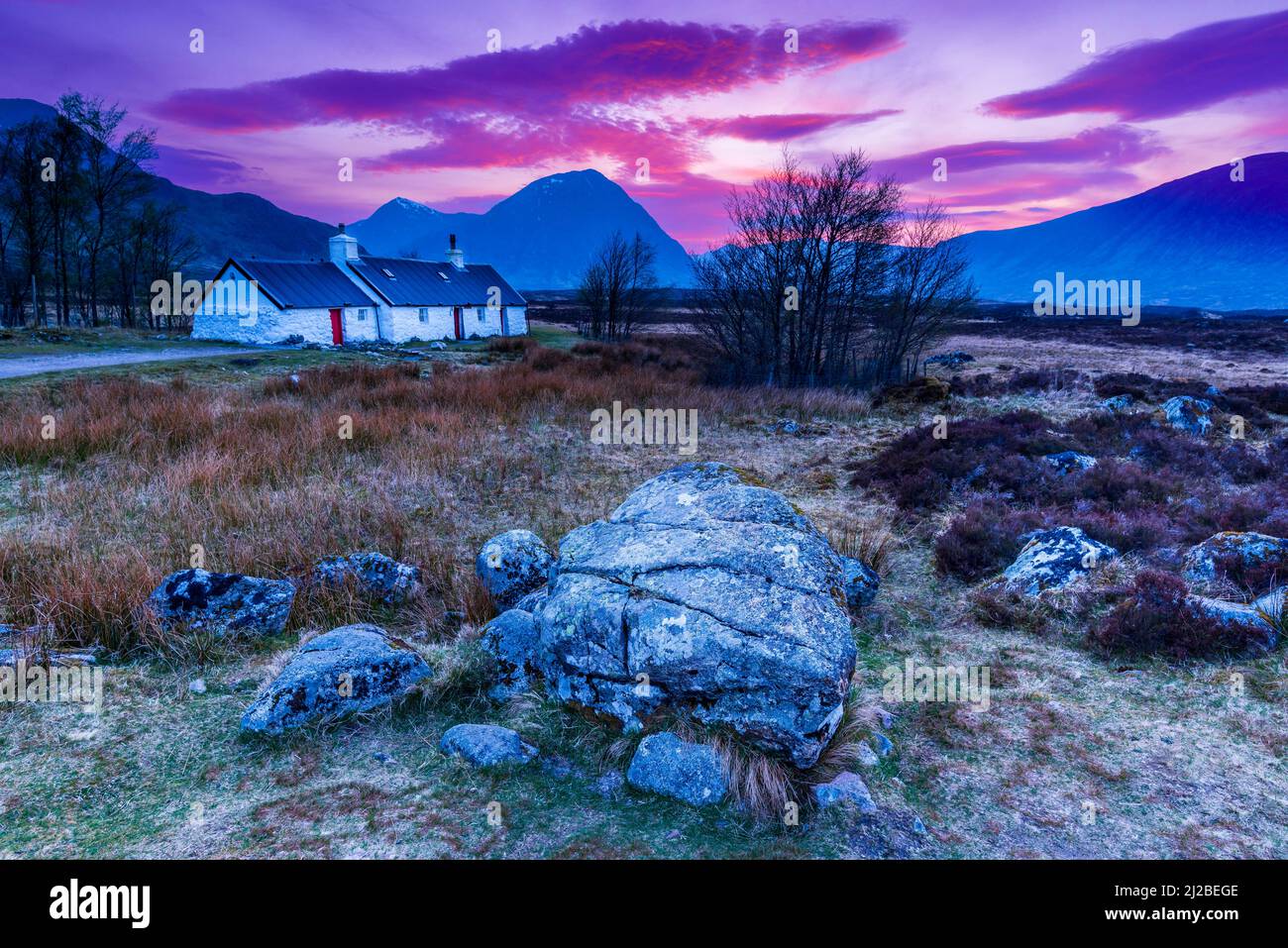This is in Glencoe looking towards Blackrock Cottage in the region of Scotland known as Lochaber. Stock Photo