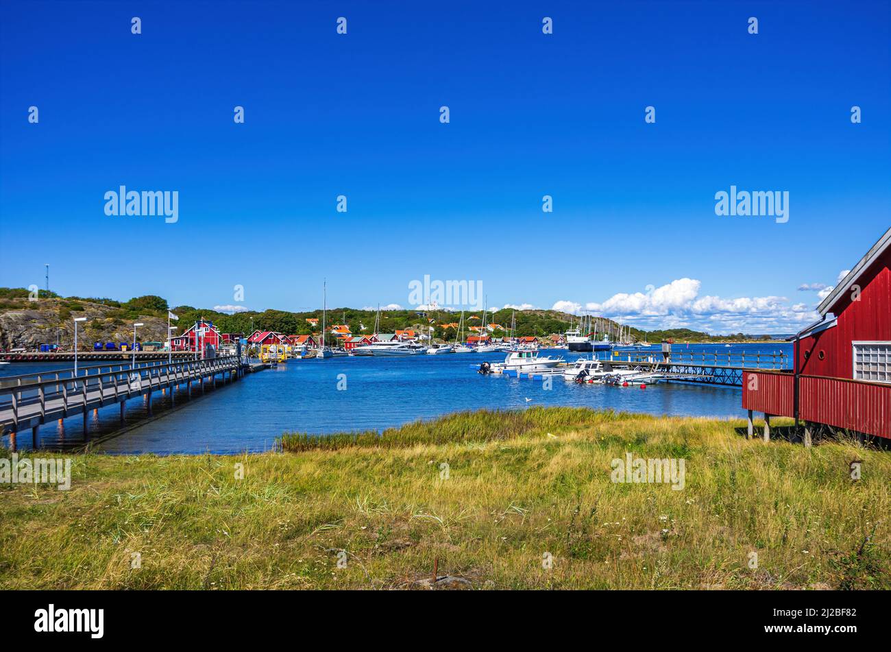 Picturesque coastal landscape of maritime structures and the sound between the islands of South and North Koster, Bohuslän, Sweden. Stock Photo