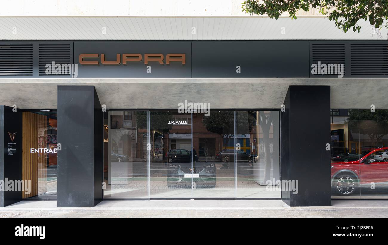 VALENCIA, SPAIN - MARCH 28, 2022: Cupra is a Spanish automobile brand owned by SEAT. JR Valle Dealership Stock Photo