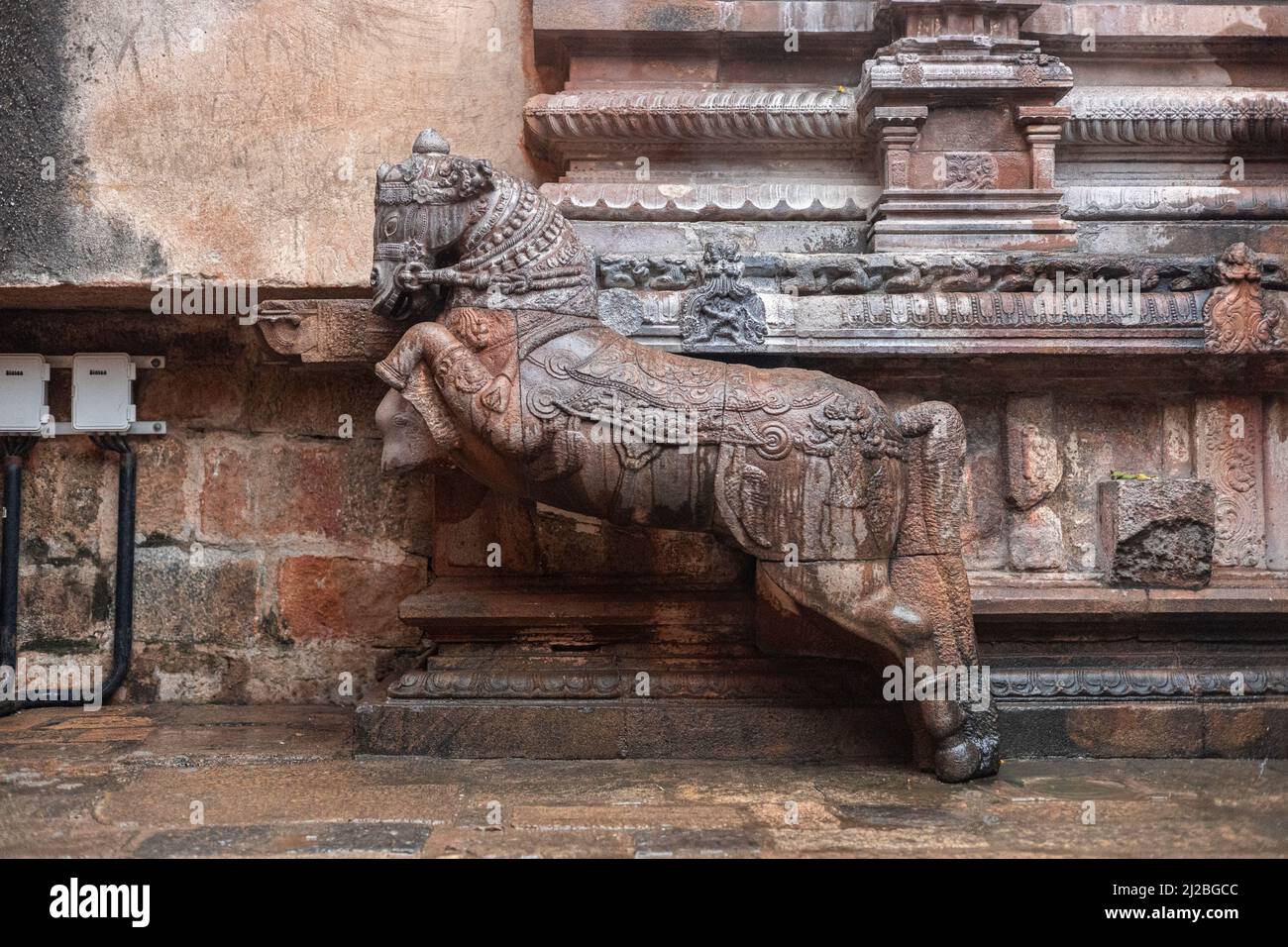 A closeup of a horse statue in the Thanjavur Periya Kovil in Tamil Nadu, India Stock Photo