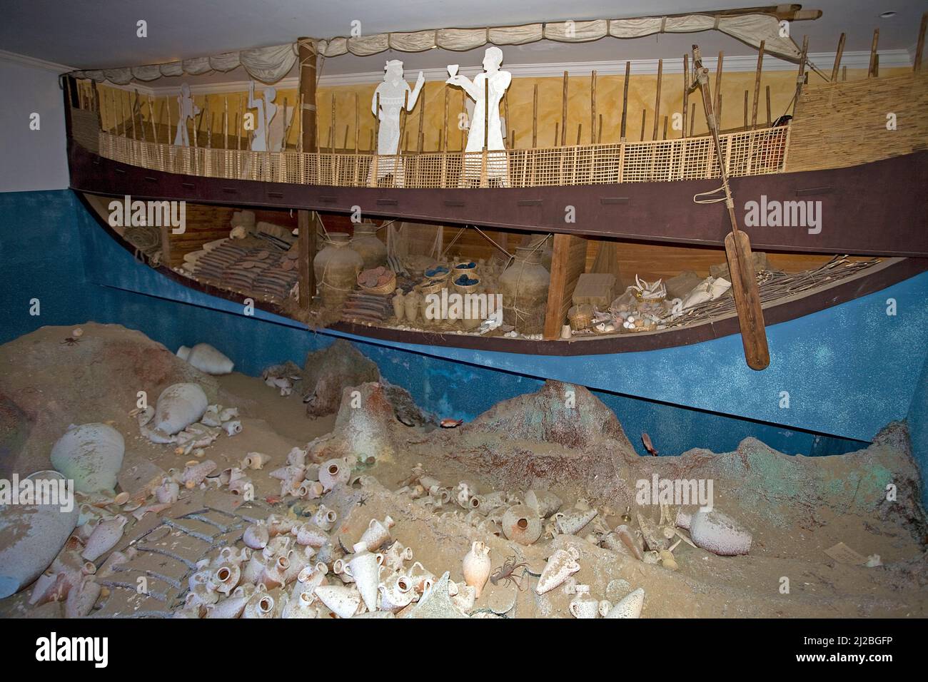 Replica of Uluburun Shipwreck in the showroom, a late Bronze Age shipwreck dated to the late 14th century BC, museum of underwater archeology, Bodrum Stock Photo