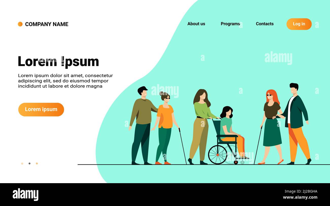 Volunteers helping disabled friends in outdoor walking, leading blind