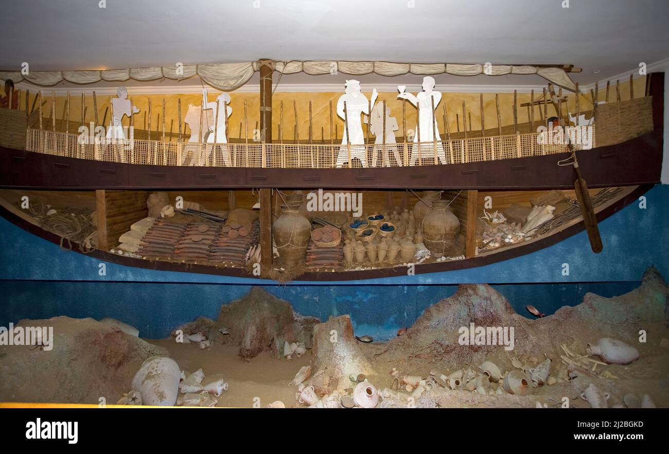 Replica of Uluburun Shipwreck in the showroom, a late Bronze Age shipwreck dated to the late 14th century BC, museum of underwater archeology, Bodrum Stock Photo