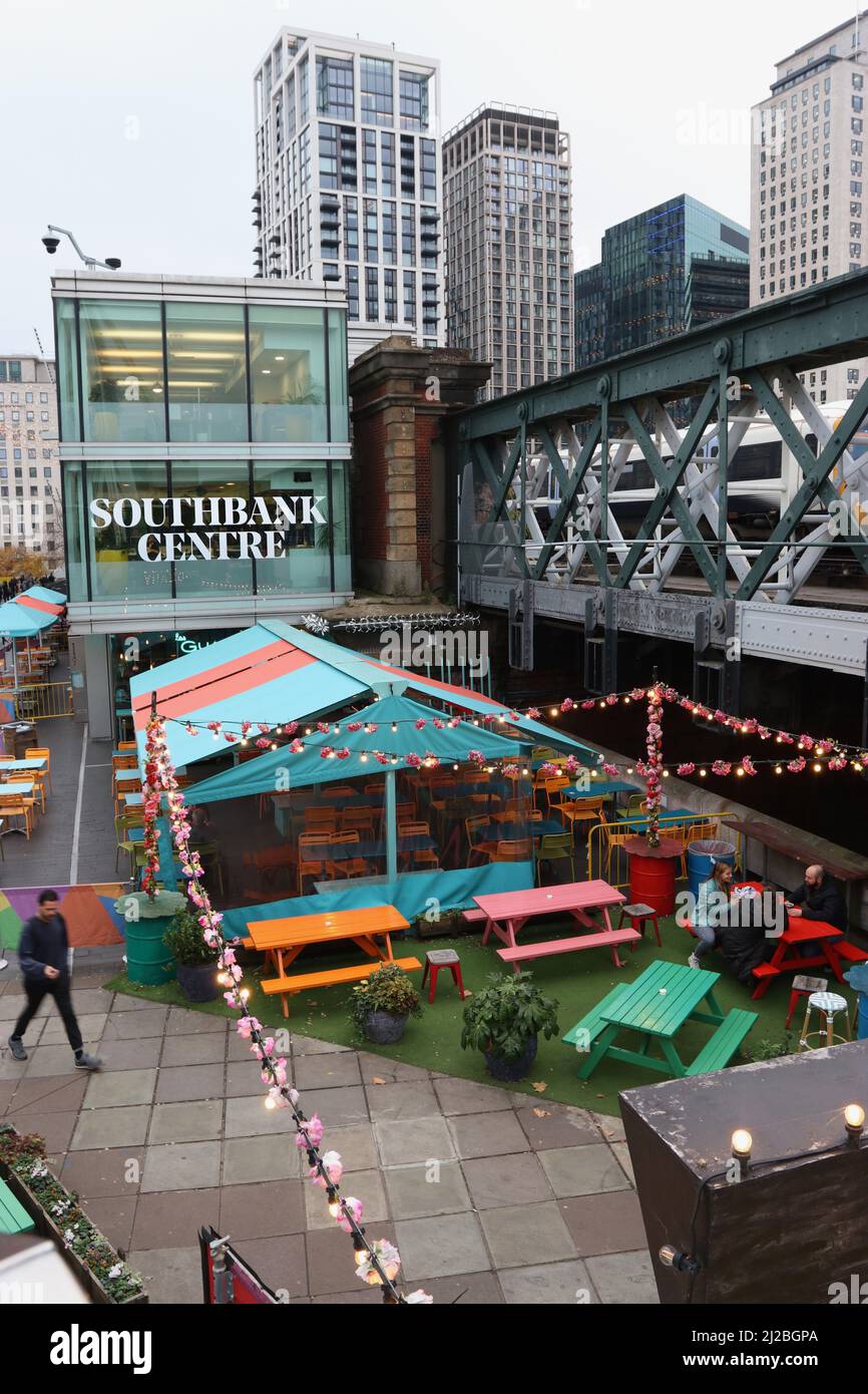 Southbank area of London; colourful outdoor seating of Las Iguanas