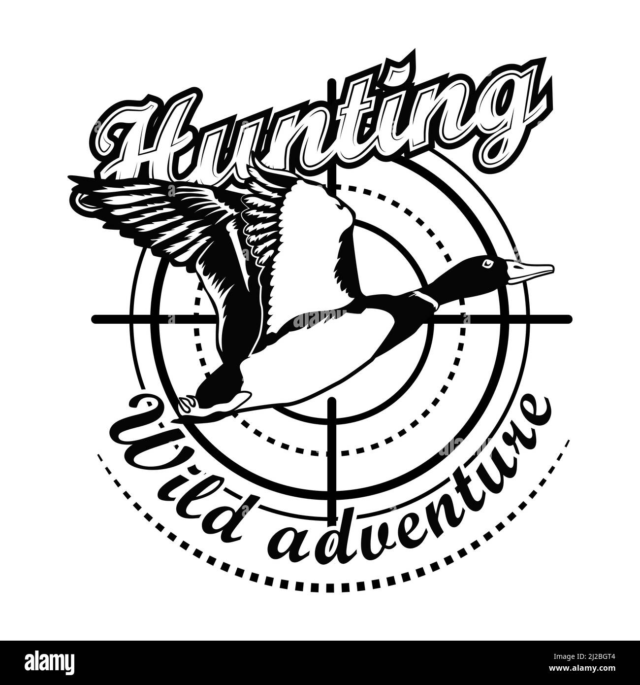 Hunting adventure vector illustration. Aiming at flying duck with text